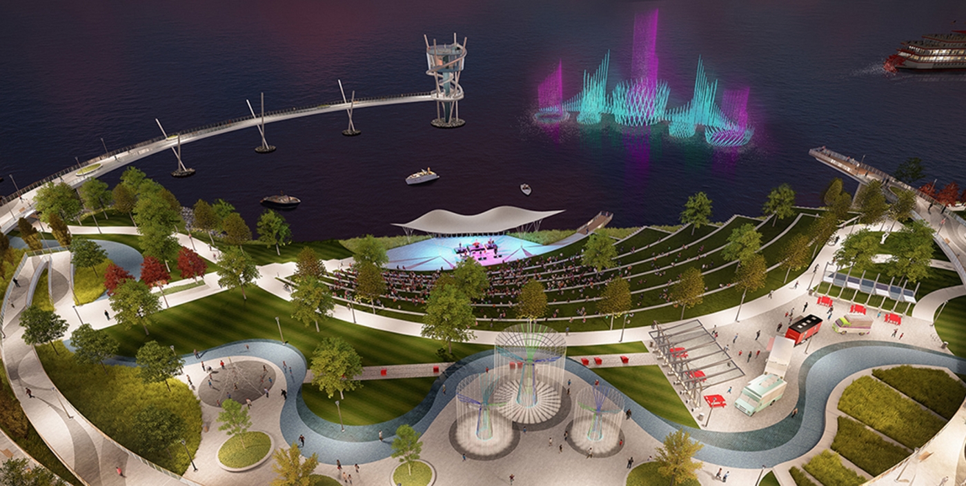 Color rendering of waterfront amphitheater and plaza at Jeffboat site.