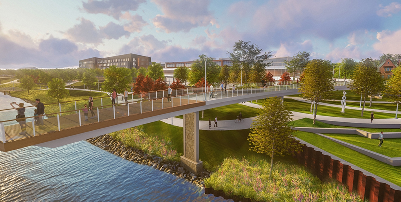 Color rendering of elevated viewing platform overlooking the Ohio River at Jeffboat site.