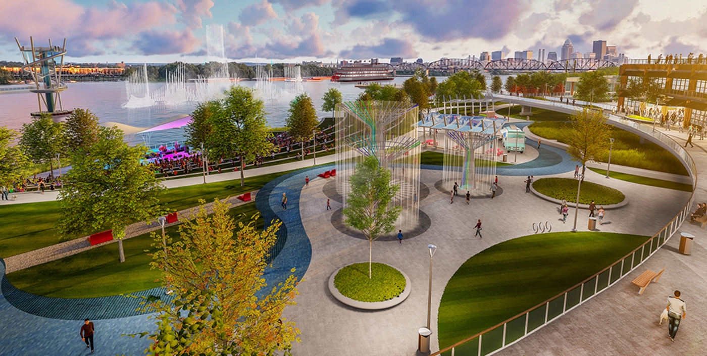 Color rendering of water feature/splash pad at Jeffboat site.