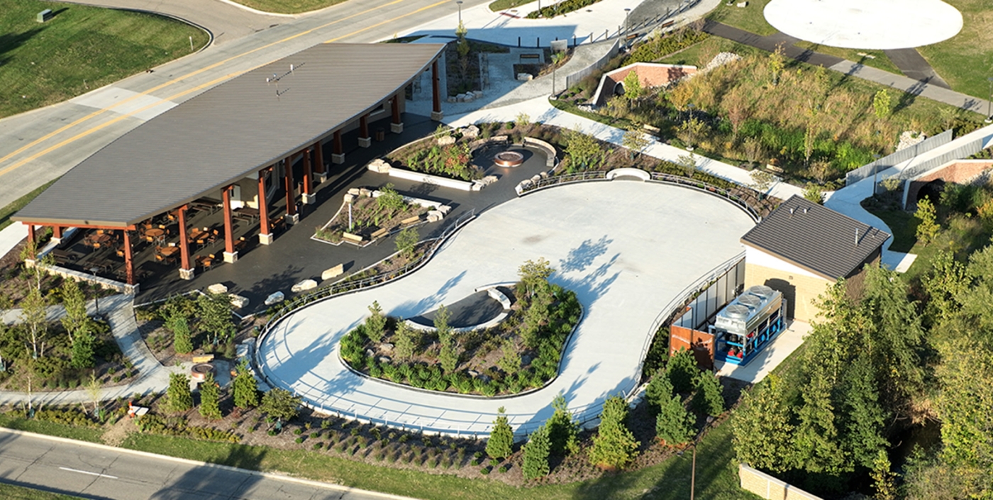 Aerial photo of the pavilion and skating ribbon at Jeanne Stine Park in Troy, Michigan.