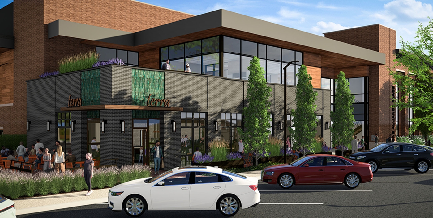 Rendering of a cafe and outdoor terrace attached to One Alliance Place. 