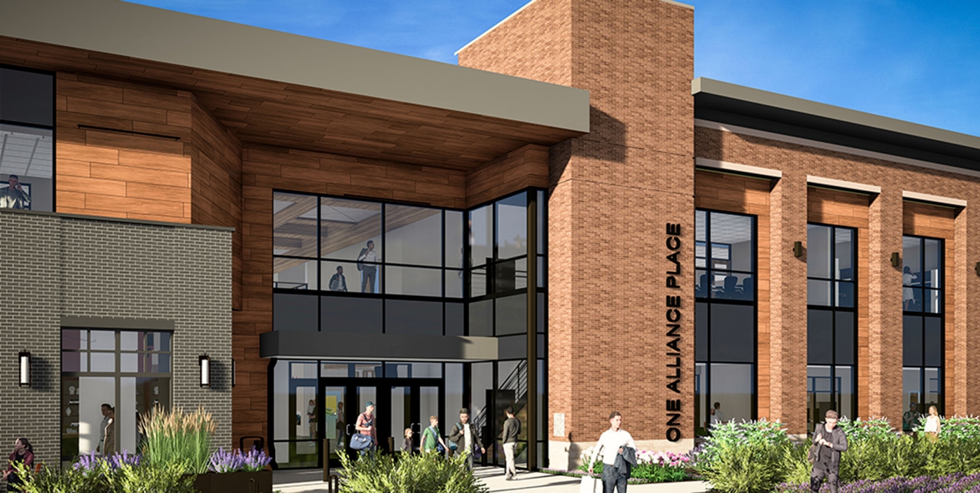 Rendering of the exterior entrance of One Alliance Place