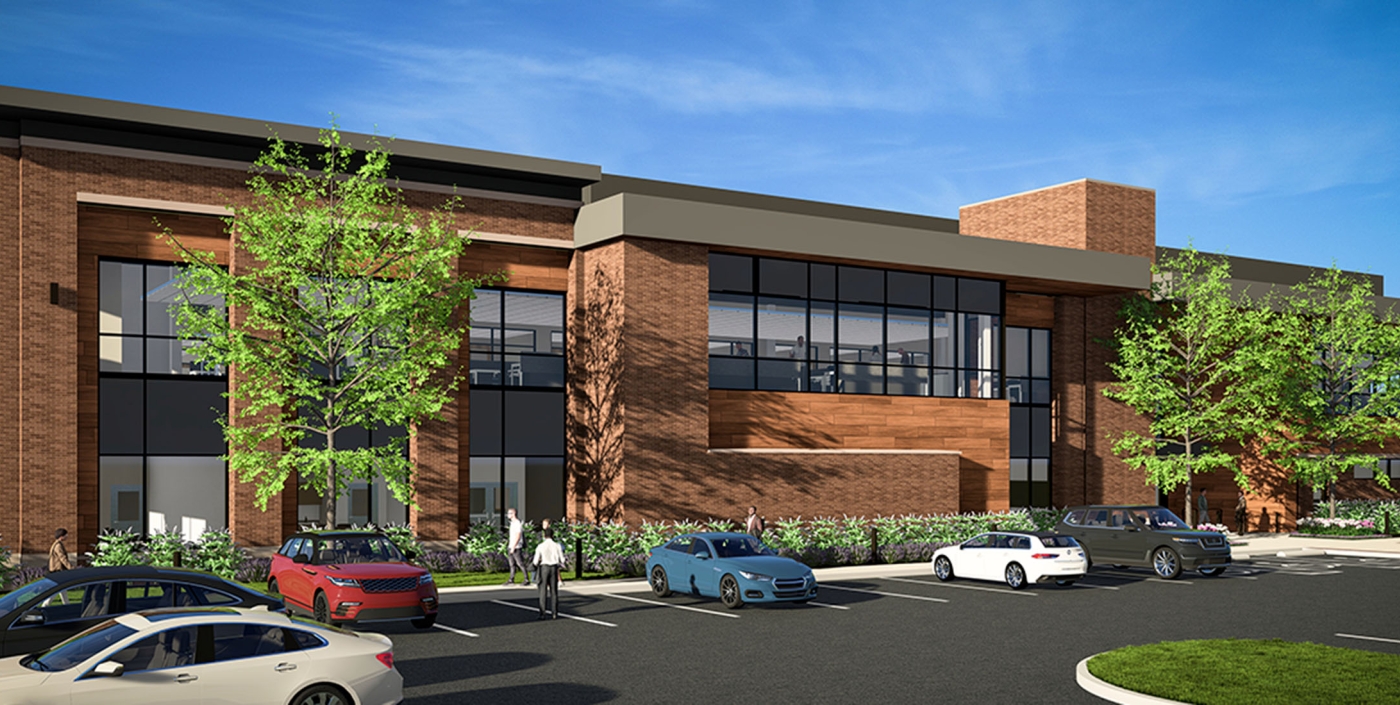 Color rendering depicts the modern brick and glass exterior of the future headquarters of The Alliance. 
