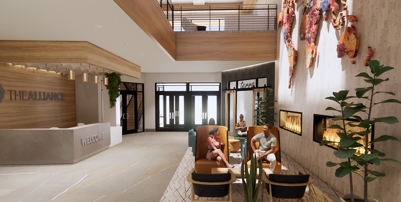 Rendering of the two-story lobby of the future headquarters of The Alliance.