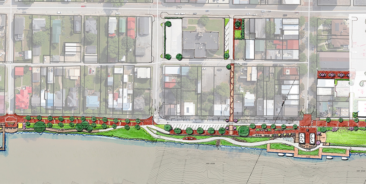Rendering of the enhanced Ripley riverfront, featuring walkways and enhanced connections to downtown.