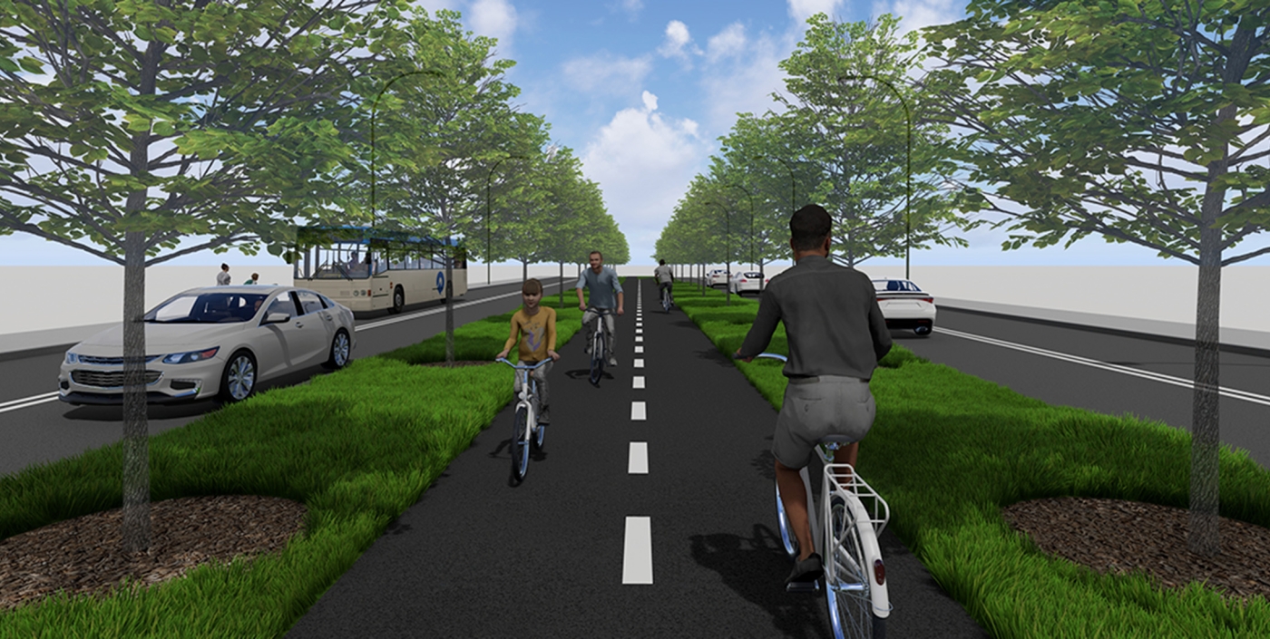 Rendering of a section of bikeway protected by trees and landscape within the middle of Superior Avenue.