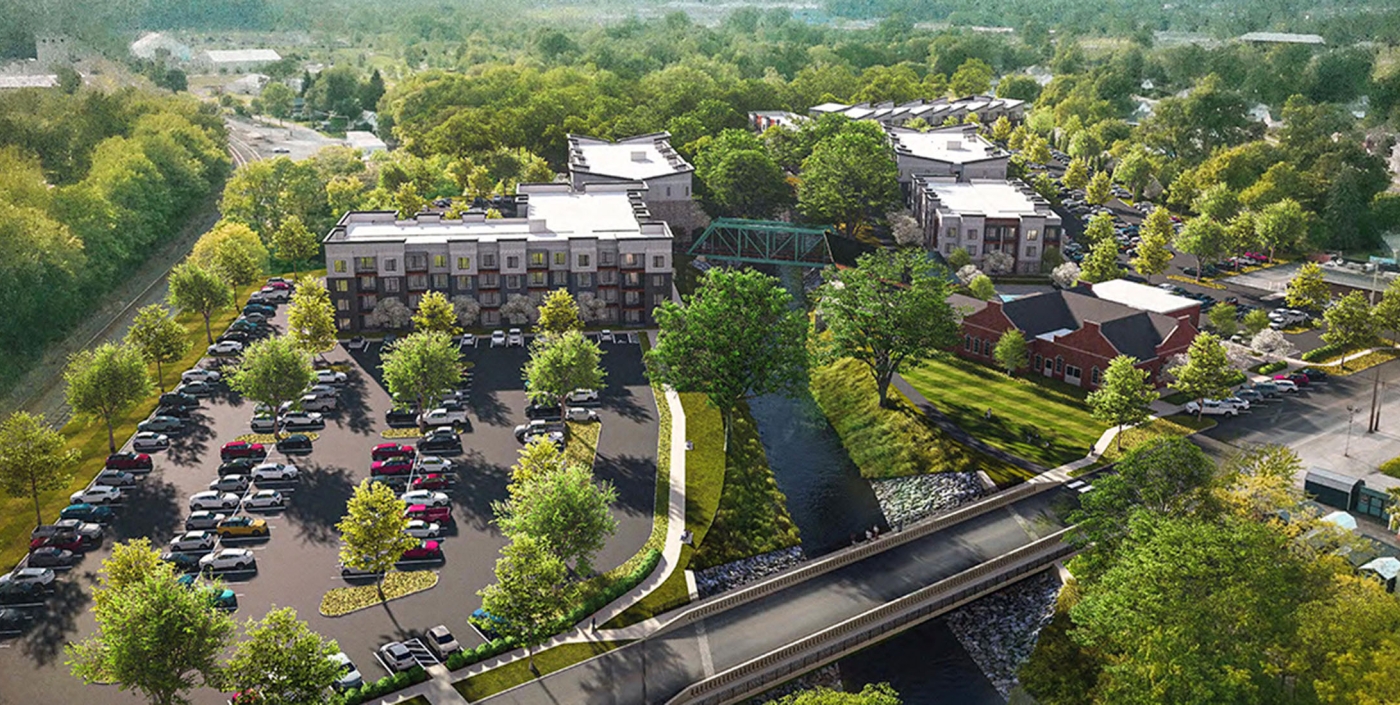 Birds-eye perspective of residential and pathways throughout the future Water & Light District