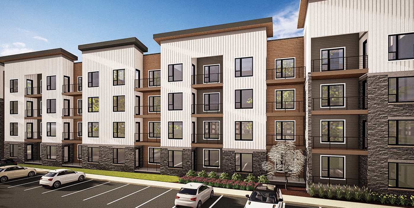 Rendering of four-story multifamily housing in Marysville's Water & Light District