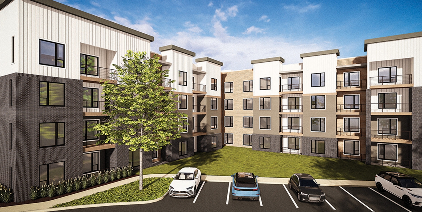 Rendering depicting future multifamily housing and parking in the Marysville Water & Light District