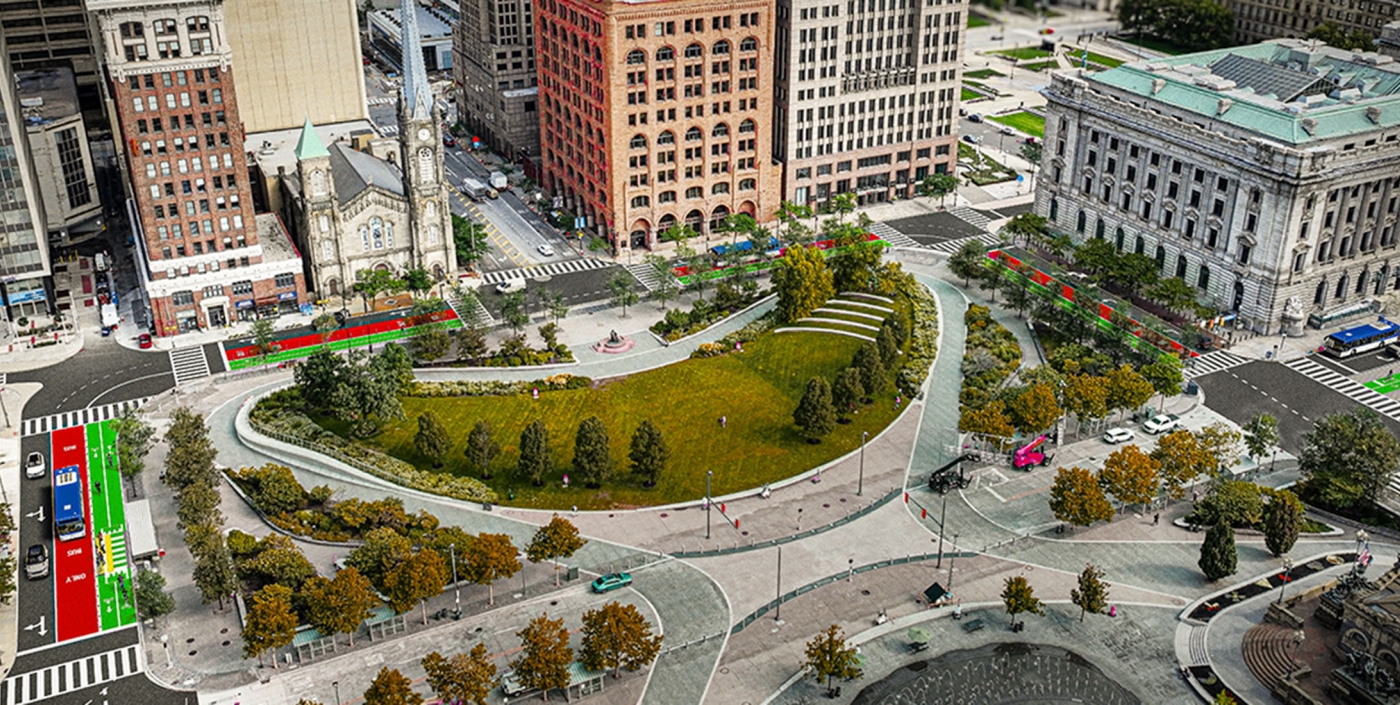 Color rendering shows some of the suggested design and functionality improvements surrounding Public Square in downtown Cleveland.