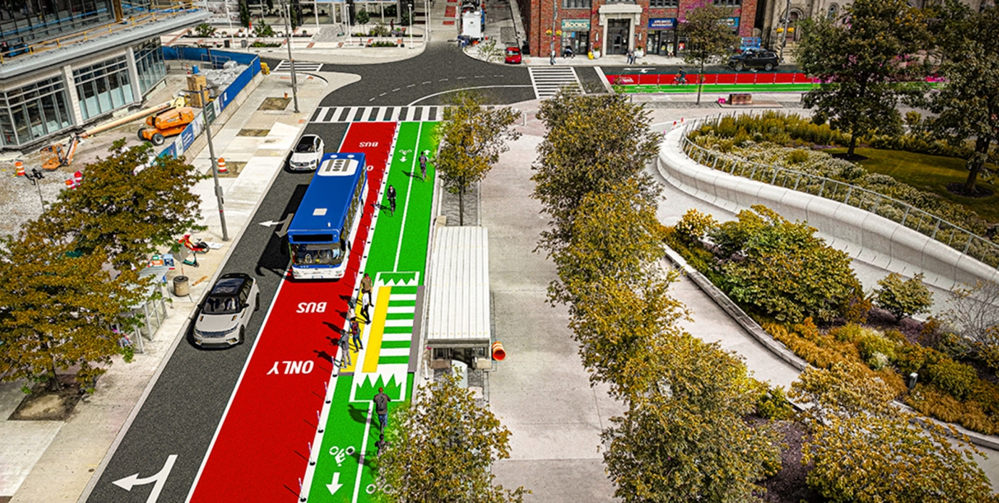 Overlay plan shows recommended improvements to pedestrian crossings, bike facilities, and reduced vehicular dominance around the Public Square in downtown Cleveland. 