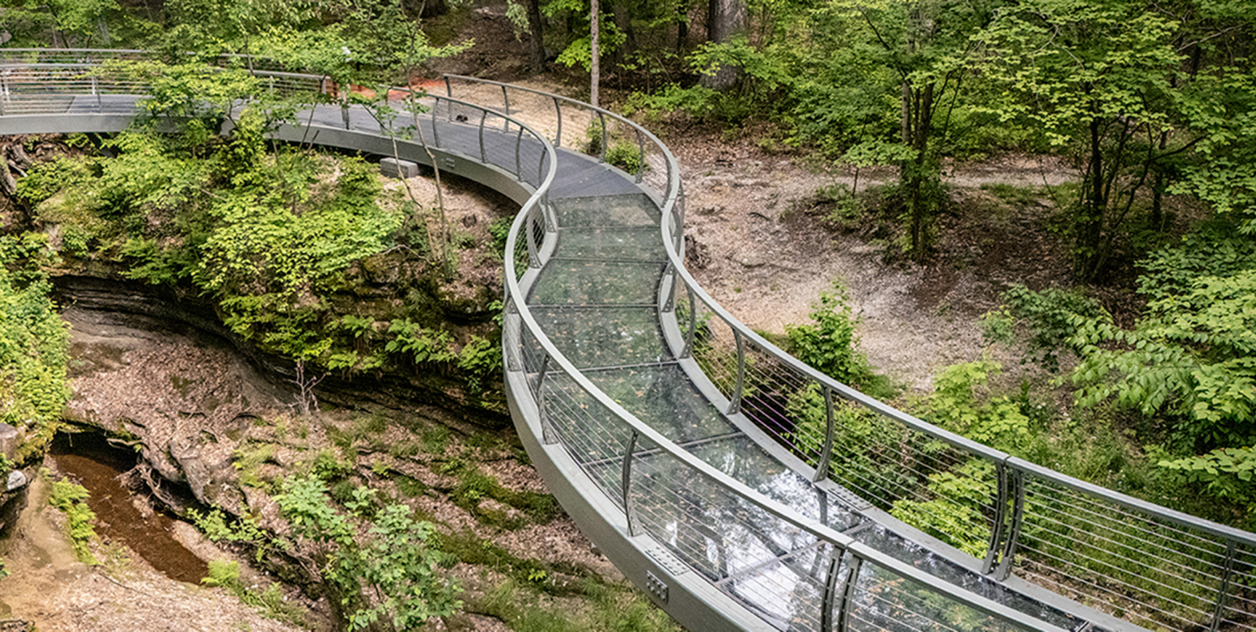 The glass walkway at Nelson-Kennedy Ledges State Park