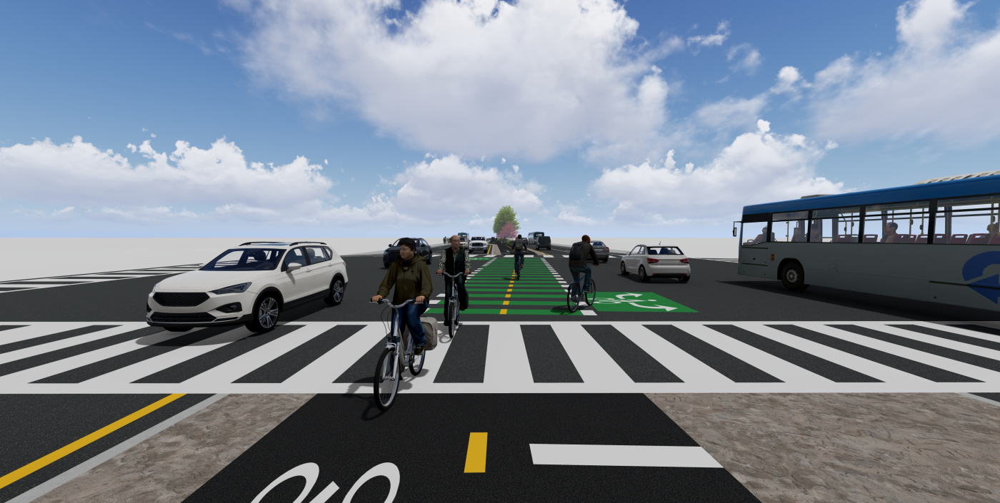 A bike lane runs down the middle of the Cleveland Midway on Superior Ave.