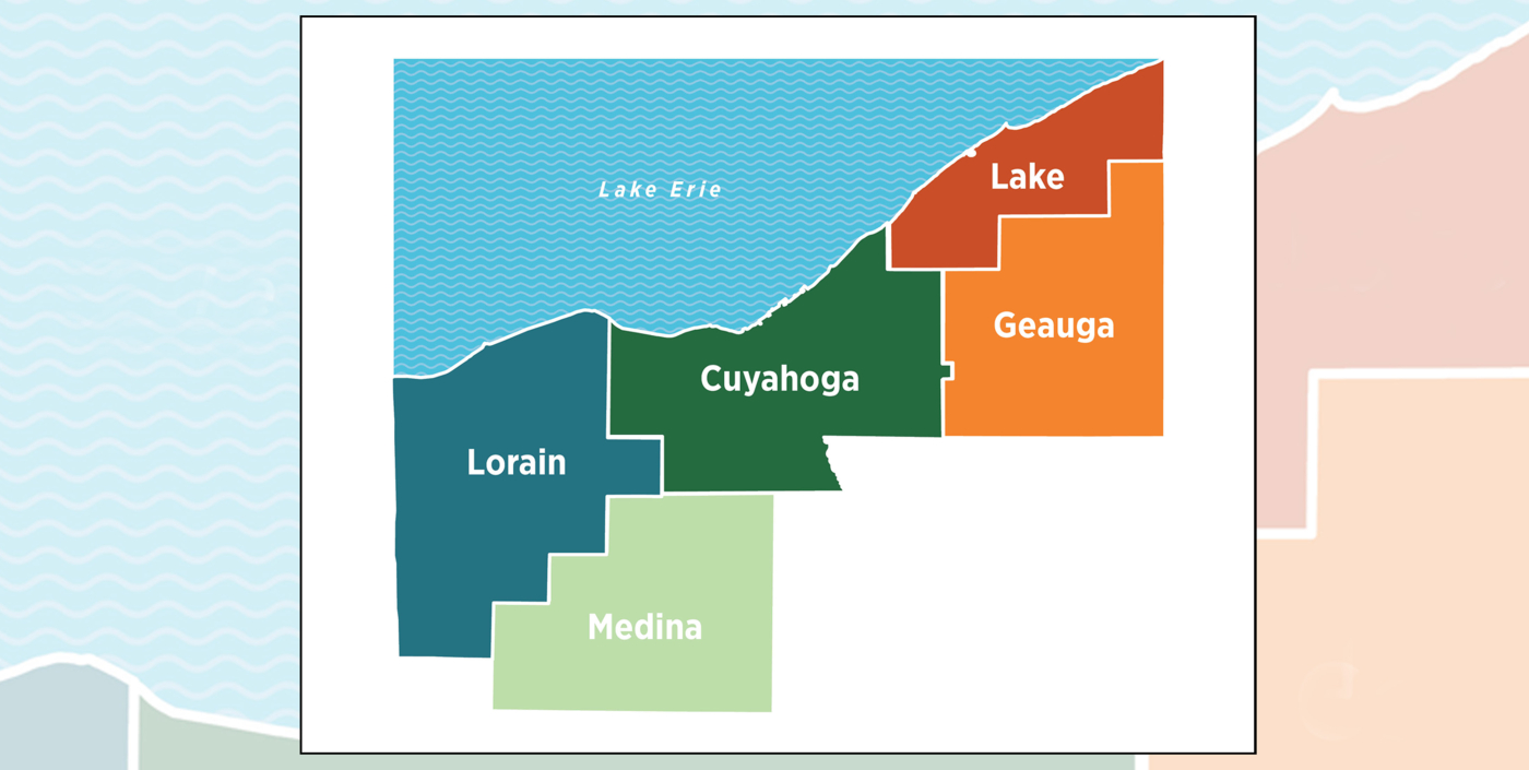 Colorful vector map of five counties near Lake Erie that make up the NOACA service area.