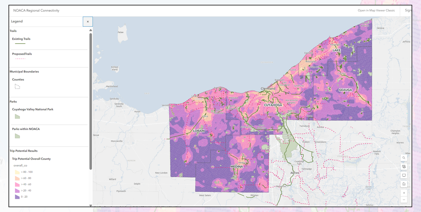 Colorful map depicting existing and proposed parks and trails in five county area in Northeast Ohio