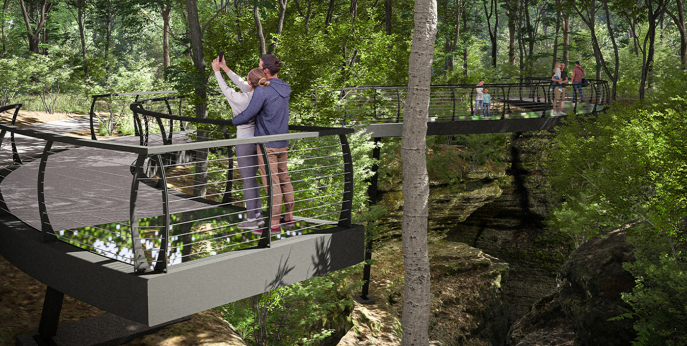 Couple taking selfie on walkway bridge in the forest