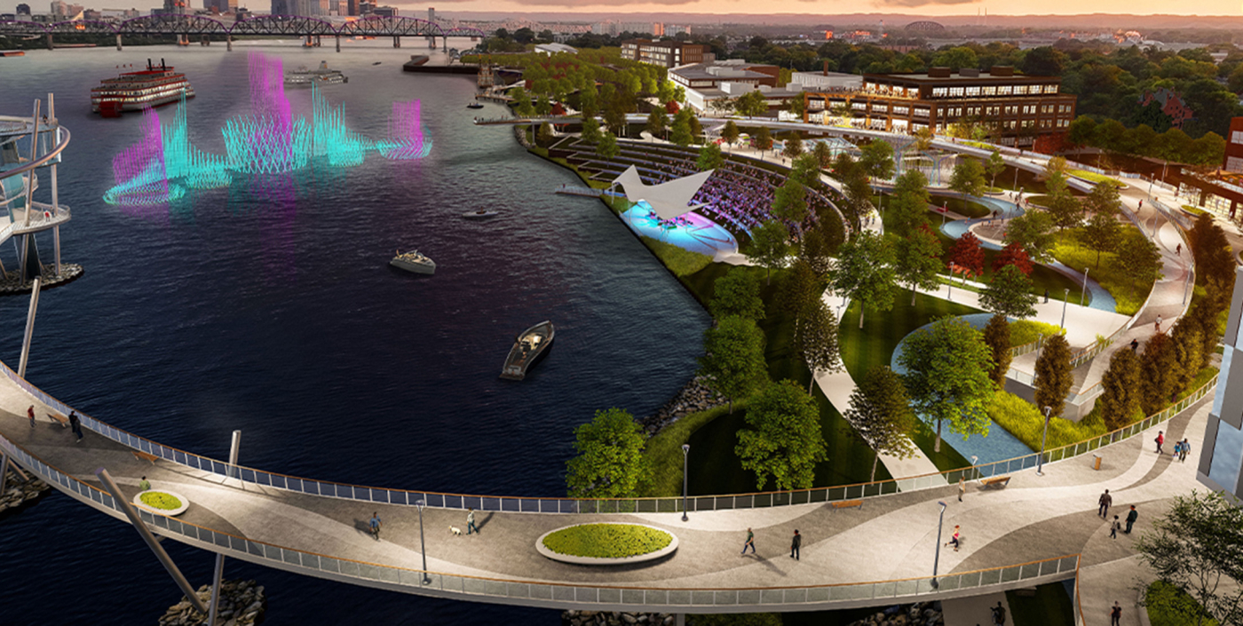Harbor and community park area with connecting circular bridge walkway 