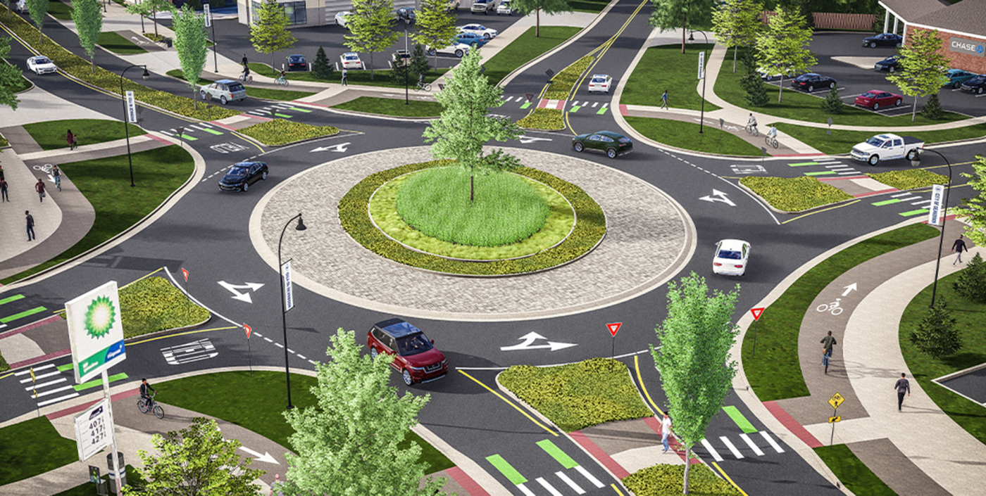 Large roundabout with tree in middle