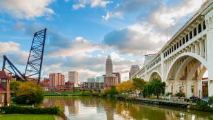 The Cleveland Memorial Bridge along Cleveland, Ohio's waterfront.