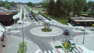 One of two new compact urban roundabouts featuring landscaped rebar parasols.