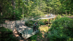 Visitors to Nelson-Kennedy Ledges State Park enjoy stunning views from the glass walkway and overlook.