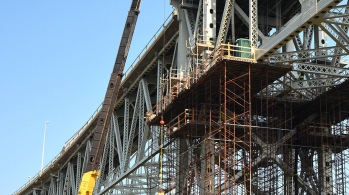 Construction of the Blue Water Bridge in Port Huron, Michigan.
