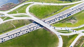 An aerial view of the Diverging Diamond Interchange in Auburn Hills, Michigan.