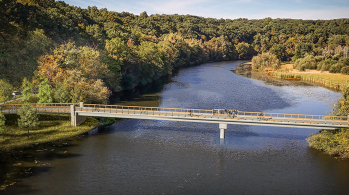 Bridge over river with green lush trees
