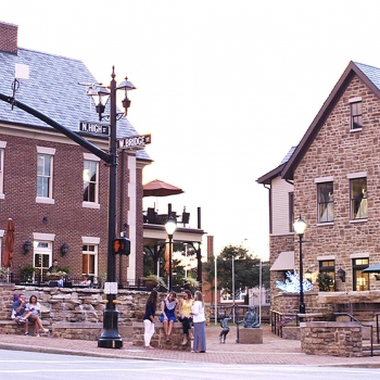 Historic downtown intersection at Bridge and High Streets in Dublin, Ohio.