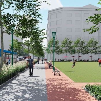 A rendering of Lane Avenue with more open space and increased walkability.