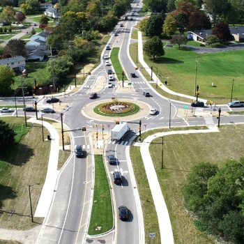 Distant aerial image of Maple & Middlebelt Road Roundabout in West Bloomfield, MI.