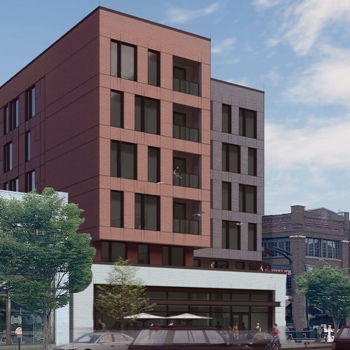 Design rendering of OSU multifamily building on High Street from the front