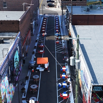 Aerial view of Riopelle Street in Detroit, MI