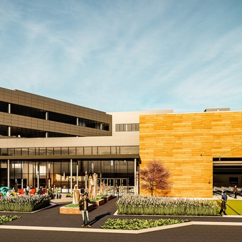 Active outdoor plaza space with seating and play space at One Alliance Place, Reynoldsburg OH