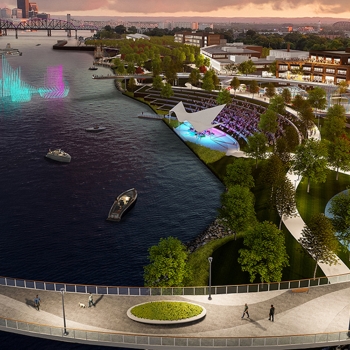 Color rendering of conceptual pier and walkway over the Ohio River at Jeffboat site.