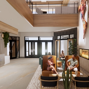 Rendering of the two-story lobby of the future headquarters of The Alliance.