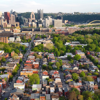 Aerial perspective looking toward downtown Pittsburgh