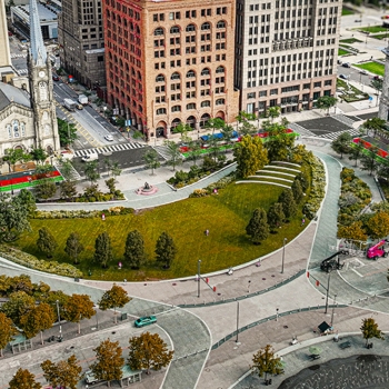 Color rendering shows some of the suggested design and functionality improvements surrounding Public Square in downtown Cleveland.