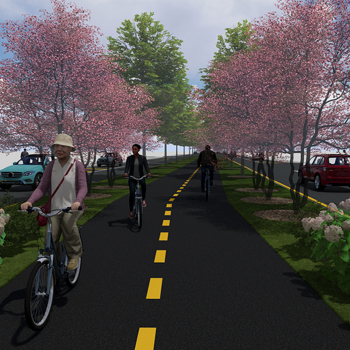 Rendering of a section of the Cleveland Midway that runs down the middle of Superior Avenue