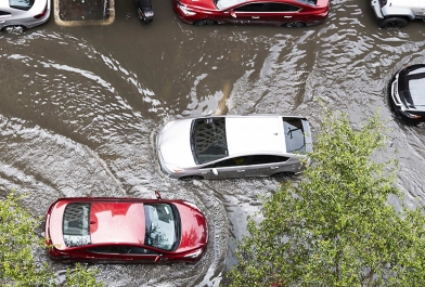 Cars stranded in flood waters