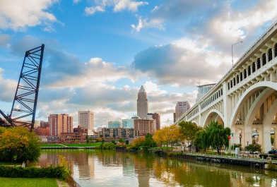 The Cleveland Memorial Bridge along Cleveland, Ohio's waterfront.