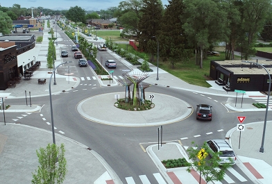 One of two new compact urban roundabouts featuring landscaped rebar parasols.