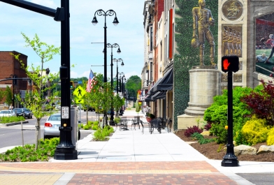 Pedestrian sidewalk along the newly renovated Lincoln Way Corridor in downtown Massillon, Ohio