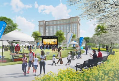 Roosevelt Park rendering showing an event on the central lawn