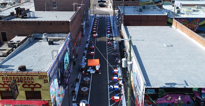 Aerial view of Riopelle Street in Detroit, MI