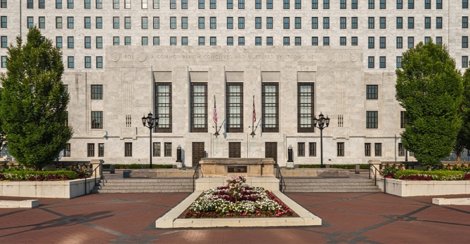 The Supreme Court of Ohio's entrance and exterior plaza in Columbus, Ohio