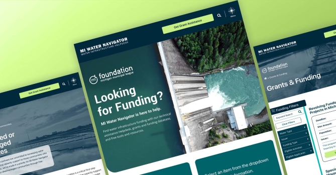 Screenshots of three pages of the MI Water Navigator website, which launched in 2022