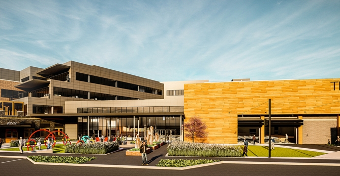 Active outdoor plaza space with seating and play space at One Alliance Place, Reynoldsburg OH