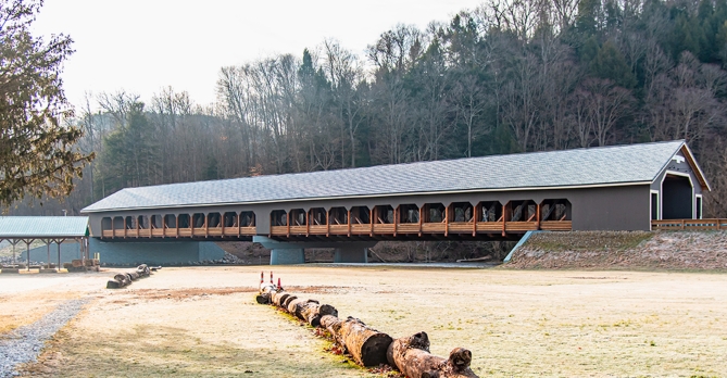 The Spellacy covered bridge extends 300 feet across the Mohican River