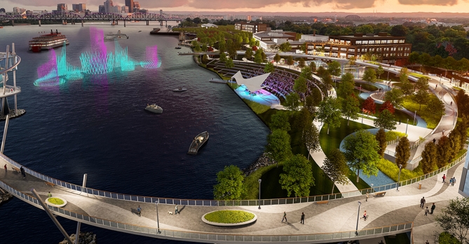 Color rendering of conceptual pier and walkway over the Ohio River at Jeffboat site.